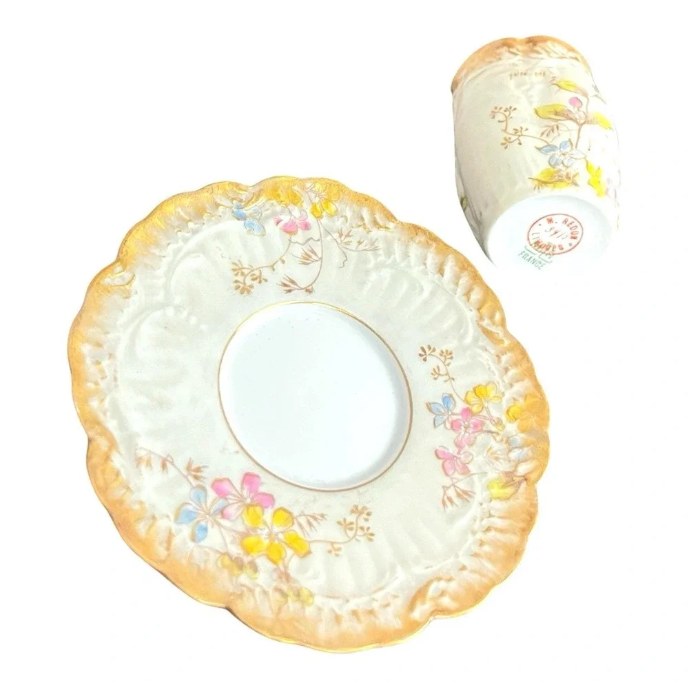 Antique M Redon Limoges Hand Painted Porcelain Demitasse Cup and Saucer ca 1880s